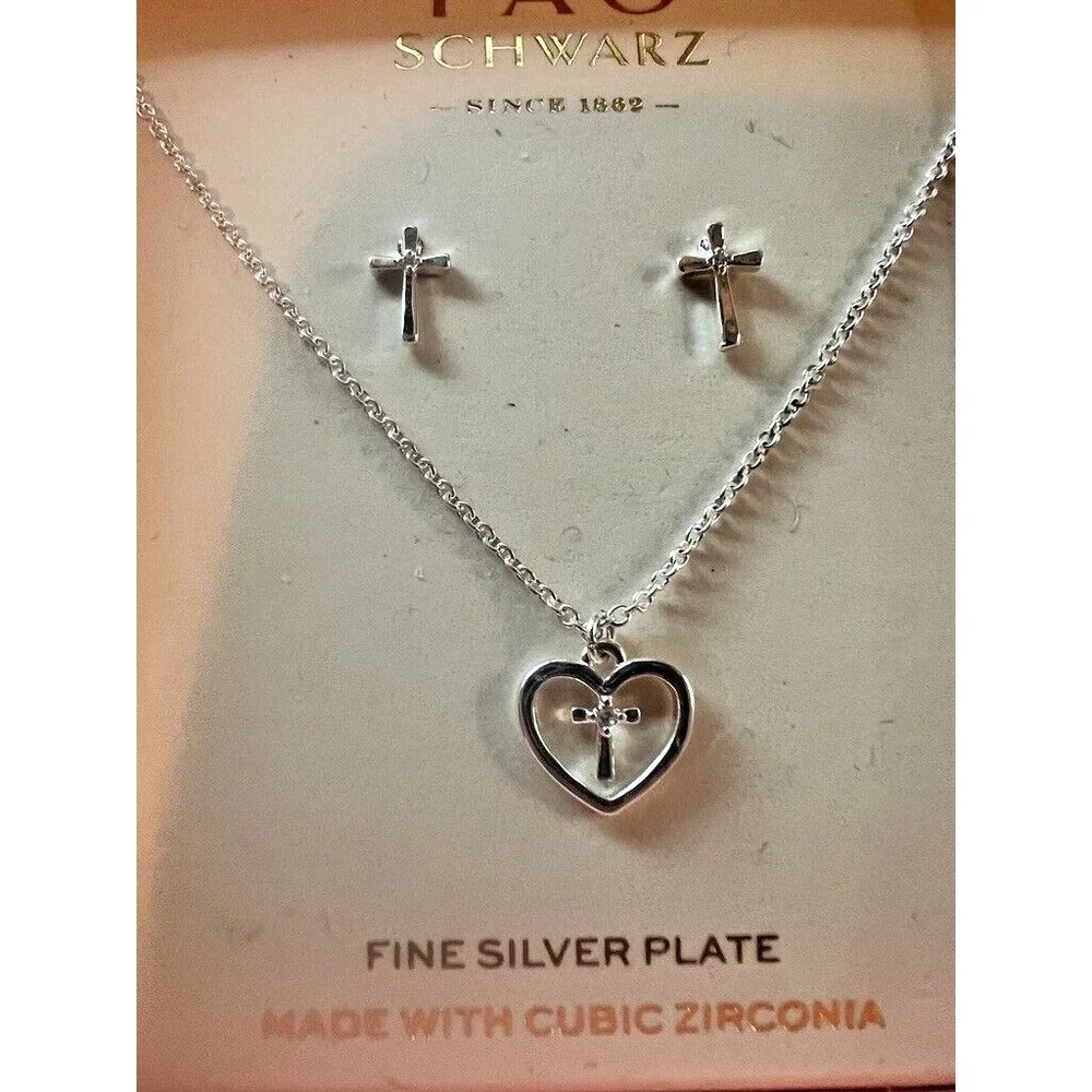 FAO Schwarz Childrens Cross Heart Necklace & Earrings Set Fine Silver Plate Gift